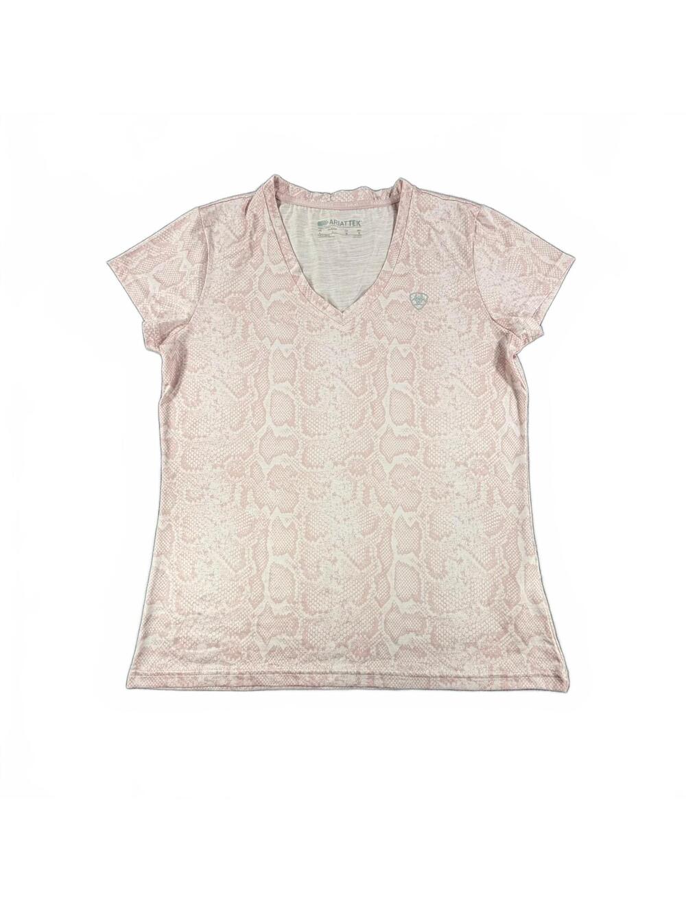 Women's AriatTEK Performance V-Neck Shirt Size Large Light Pink Snakeskin Print
